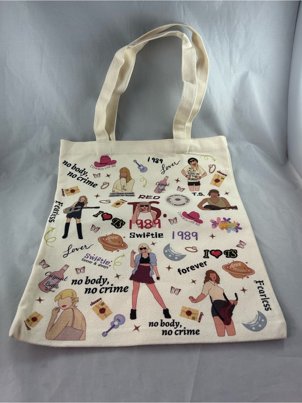 Cream Graphic Canvas Tote Bag with Printed Music-Themed Motifs